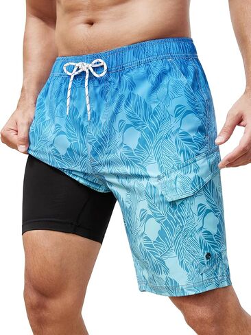 SILKWORLD Mens Swim Trunks with Compression Liner 9 Inch Bathing Suits Quick-Dry Swimmming Beach Shorts with Cargo Pockets in Kuwait