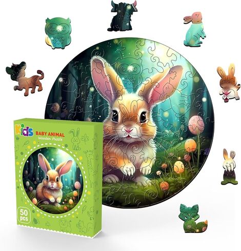 Wooden Puzzles for Kids Ages 4-8, Cute Bunny Puzzle, Unique Animal Shaped Wooden Jigsaw Puzzles for Kids, 50 Pieces Puzzles for Kids(50pcs,11.4 * 11.4in) in Saudi Arabia