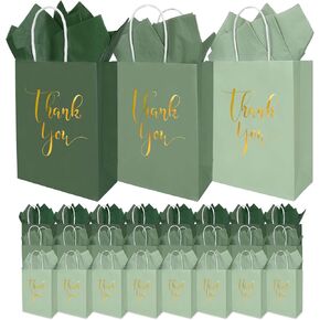 Whaline 30Pcs St. Patrick's Day Sage Green Thank You Paper Gift Bags 3 Colors Gold Foil Thank You Party Favor Bags with Handle and 40 Sheet Tissue Paper for Wedding Birthday Party Gift Wrapping