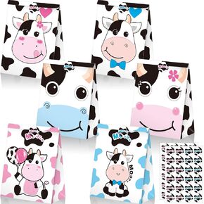 Leinuosen 24 Pack Cow Party Favor Bags Cute Cow Favor Bags Cow Print for Kids Farm Animal Themed Goodie Treat Candy Birthday Party Supplies and Decorations
