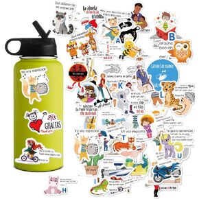 الملصقات الإنجليزية ثنائية اللغة الإسبانية للطفل الابتدائي قبل K | تعلم الملصقات للصف ، والمعلم ، والأطفال ، والطلاب | حيوانات الأبجدية والألوان والتأكيد والعبارة اليومية (102pc) in Kuwait