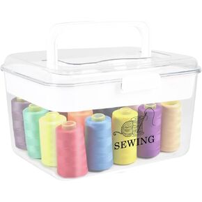 Yomjarl Sewing Basket Storage Organizer Large Sewing Box with Removable Tray Plastic Storage Box with Handle Craft Organizers and Storage for Makeup, Sewing, Nail, Hair Accessories Clear