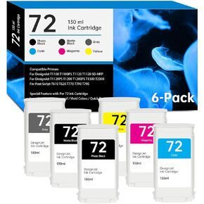 72 Ink Cartridge 130-ml Replacement for HP 72 Ink Cartridges C9403A C9370A C9371A C9372A C9373A C9374A for DesignJet T770 T790 T795 T610 T620 T1100 T1120 T1200 T1300 T2300 Printers, 6 Pack 72 Ink