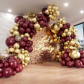 Burgundy Balloon Arch Garland Kit with Burgundy Maroon Gold Confetti Balloons for Birthday Graduation Bridal Shower Party Decorations