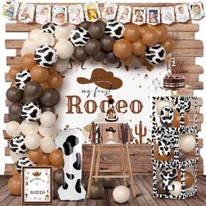 My First Rodeo Birthday Decorations, Cowboy 1st Birthday Party Decoration, Cowboy Balloon Arch Backdrop High Chair Banner, Cow ONE Balloon Box for First Birthday Decorations Boy