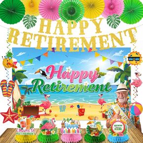 Luau Hawaiian Retirement Party Decorations, 23Pcs Beach Retirement Party Decorations Happy Retirement Banner Backdrop, Tropical Retirement Decorations Honeycomb Centerpieces Hanging Swirls Paper Fans