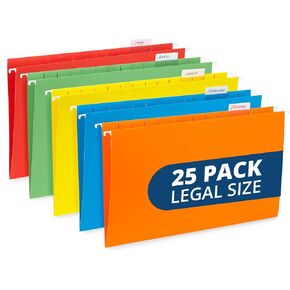 25 Blue Summit Supplies Yellow Legal Size Hanging File Folders - Durable 11pt Paper, Hanging Legal File Folders Yellow with Plastic Tabs and Inserts, Legal Size Filing, Hanging Legal Size File Folders
