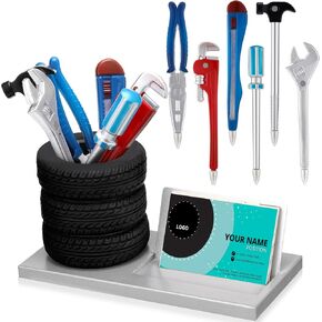 7 Pcs Tire Shape Stationery Set Car Salesman Gift Tire Stack Pen Holder Funny Automotive Business Card Holder Novelty Tool Pen Desk Accessories for Office Men Mechanic Car Lover(Black,Silver)