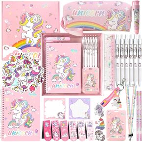 Unicorn cute School Supplies Kawaii Stationery Present Set , Including Ballpoint Pens, Pencil Case, ID Badge Holder, Stickers, Key Chain, A5 Notebook, Bookmark, Eraser, Ruler for Girls Teens