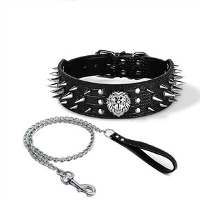 PU Leather Spiked Studded Dog Collar, Genuine Heavy Duty Wide Dog Collar, Adjustable Pet Collars for Large Breed Pet (Black)