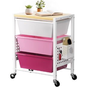 Rolling Cart with 5 Drawers, Plastic Drawer Storage Carts with Lockable Wheels & Wooden Tabletop, Metal Utility Cart with Pegboards & Hooks, Office Living Room Craft Organization and Storage, White