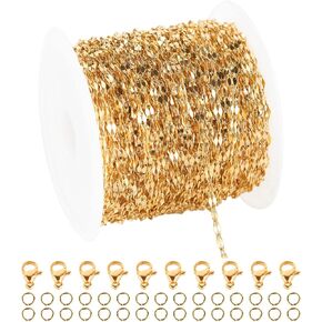 Jabogrii 32.8 Feet Gold Plated Chain Link Thin Stainless Steel Chain Spool Bulk Necklace with Lobster Clasp and Jump Rings for Jewelry Making DIY Bracelet Anklet