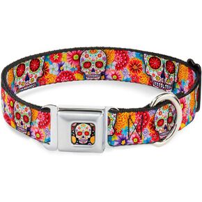 Buckle-Down Dog Collar Seatbelt Buckle Sugar Skull Starburst White Multi Color 18 to 32 Inches 1.5 Inch Wide (DC-WTY008-WL)