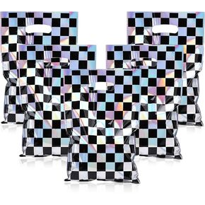 Mikzhskr 30Pcs Race Car Party Favors Bag Black and White Iridescent Laser Checkered Candy Bags Soccer Theme Goodie Bags with Handles for Kids Race Car Birthday Party Supplies