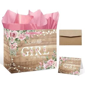 13" Large Baby Shower Paper Bag, Floral Sweet Baby Girl Gift Bag with Tissue Paper, Handle, and Greeting Card for Boho Baby Shower or Birthday Gender Reveal Party Favors Decorations Supplies (Pink)