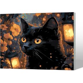 MAXBYE Black Cat Paint by Numbers Adult Kit with Wooden Frame, DIY Acrylic Painting Kits on Canvas, Flower and Lantern Paint by Number Perfect for Home Wall Decor 12X16inch
