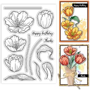 GLOBLELAND Tulip Clear Stamps Flowers Blessings Silicone Clear Stamp Plants and Leaves Transparent Stamps for DIY Scrapbooking and Cards Making Photo Album Journal 6.3x4.33inch