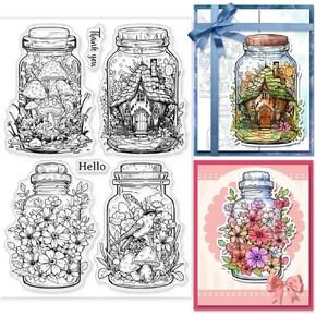 GLOBLELAND Bottle Flower Clear Stamps for Cards Making Mushroom Bird Tree House Silicone Clear Stamp Seals Transparent Stamps for DIY Scrapbooking Photo Album Journal Home Decoration