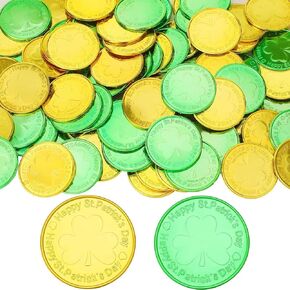 MARFOREVER 80 Pcs St. Patrick's Day Shamrock Coins, Gold Green Lucky Coins Plastic Shamrock Leprechaun Coins 3-Leaf Clover Coin Irish Table Decorations for St Patricks Day Party Supplies Favors