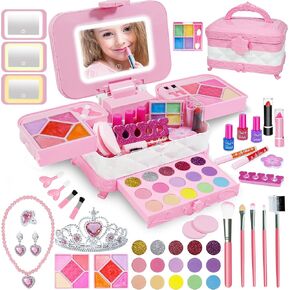 59 in 1 Kids Makeup Kit, with 3-Color Led Makeup Mirror Real Washable Kid Makeup Set for Girls, Perfect Girl Birthday Gift, Age 3+