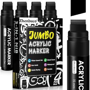 4 PCS Black Jumbo Permanent Markers - 15mm Wide Tip Thick Acrylic Paint Pen, Large Acrylic Paint Markers for Rock Painting, Calligraphy, Poster, Canvas, Sign, Glass, Wood, Metal, Ceramic