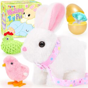 Tagitary Plush Toys Interactive Bunny for Kids That Wiggling Ears,Hopping,Twitching Nose with Sounds,Realistic Rabbit Toy with Leash,Ring,Golden Egg,Wind Up Toys,Easter Birthday Gift for Toddlers