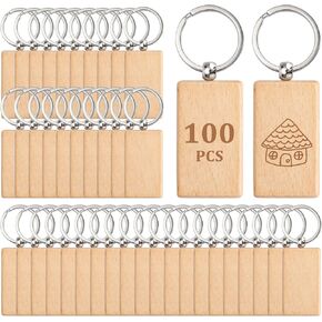100 Pieces Wooden Keychain Blanks, Rectangle Engraving Blanks Key Chain 1.2 inch Personalized Unfinished Blank Key Ring Tag for DIY Crafts Gift Accessories