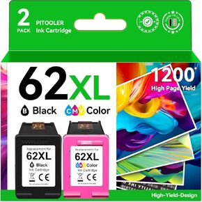 62XL Ink Cartridge Combo Pack Black/Tri-Color, P𝗶tooler Compatible for HP Ink 62 Compatible for Envy 7640 7645 5660 5665 5642 5540 Compatible for OfficeJet 8045 8040 5746 5745 5740 250 200 Printer