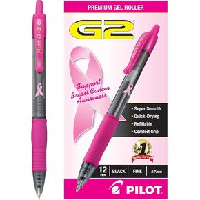 PILOT G2 Premium Pink Ribbon Retractable Gel Roller Ball Pen, Fine Point, Black Ink, 12-Pack (31332)
