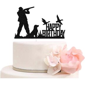 Hunter Happy Birthday Cake Topper, Hunter With Gun & His Hunting Dog Birthday Party Decorations, Camping Themed Black Glitter Cake Decor for Men' Birthday Party Supplies