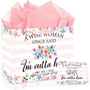 Pink Retirement Gift Bags Retirement Paper Wrapping Bag with Tissue Paper Greeting Card A WISE WOMAN ONCE SAID Retirement Favor Bag for Christmas Pink Retirement Decorations Supplies for Women