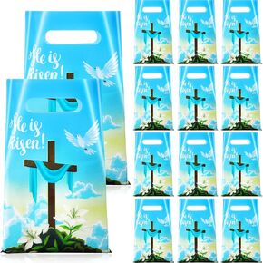 Motipuns 100 Pcs Easter Goodie Gift Bag with Handle Plastic He Is Risen Treat Candy Bag with Cross 9.84''x6.5'' Blue Party Favor Wrapping for Holiday Classroom Decorations Supplies