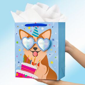 MAYPLUSS 13" Dog Gift Bags with Tissue Paper - Large Cute 3D Pets Puppy Dog Theme Birthday Gift Bags with Metallic Sunglasses Party Favor Bag for Puppy Lovers, Dog Moms, Kids Baby Shower