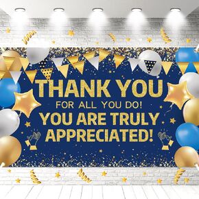 Thank You We Appreciate You Banner Backdrop Blue Gold Appreciation Party Decorations Thank You for All You Do Banner Backdrop Staff, Team Appreciation Week Teacher Staff Background Decor