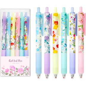 6 Pcs Floral Pens Pink Cute Pens Black Ink 0.5mm Retractable Gel Ink Pens Flowers Ballpoint Pens Office School Supplies for Girls Women Pens