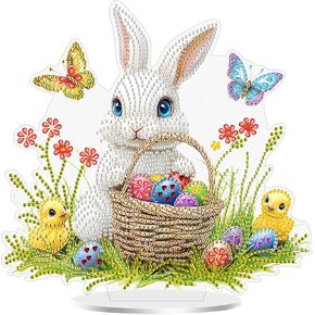 MEIYUDA Easter Diamond Painting Kits, DIY Rabbit Diamonds Art Kits for Adults, Colorful Eggs and Chicks Stand Up Tabletop Ornaments, Special Shape Rhinestone Desktope Ornament for Home Decor 9x9.36in