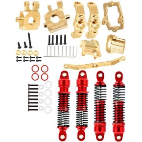 Upgrades Part for 1/18 TRX4M,Brass C-Hubs&Steering Blocks&Front Rear Brass Axle Cover&Steering Servo Mount&RC Red Shocks Absorber Damper
