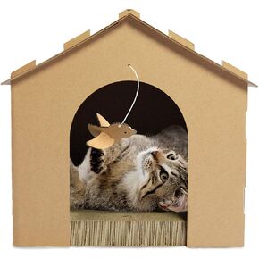 Furhaven Cardboard Cat House Gingerbread House, Cat Hideout Scratcher with Detachable Hanging Toys