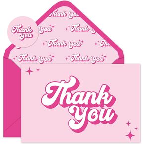 24Pcs Hot Pink Thank You Cards with Envelopes Stickers Girl Princess Thank You Blank Note Cards Pink Greeting Cards for Birthday Baby Bridal Shower Wedding