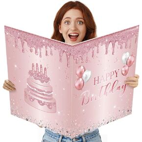 Capoda Jumbo Birthday Card 25 x 16 Inch Giant Guest Book Extra Large Birthday Party Greeting Card Large Happy Birthday Card Decorations for Girl Boy Birthday Party Supplies (Pink Girl)