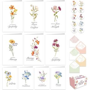 Decorably 50 Pack 4x6in Bulk Sympathy Cards with Envelopes and Stickers, 10 Floral Designs Condolence Card, Sympathy Cards for Loss of Loved One with Printed Message Inside