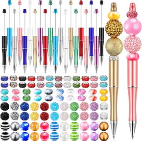 20 Pcs Plastic Beadable Pen Assorted Bead Pen and 88 Pcs Multicolor Beads Crystal Spacer DIY Ballpoint Black Ink Set for Office School Supplies(Elegant Color)