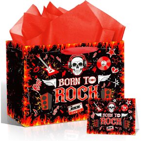 Rock Birthday Gift Bag for Men Women Rocking Music Gift Bag for Boys Girls with Card Tissue Paper, Skeleton Skull Wrapping Paper Bag for Guitar Rock and Roll Party Decorations 1950's 50s 60s Themed