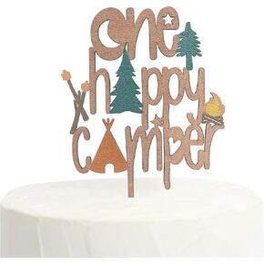 One Happy Camper Wooden Cake Topper - One Happy Camper Birthday Decorations，Camping Party Decorations，Woodland Cake Toppers For Boys，Wooden Cake Topper, Wedding Anniversary Rravel