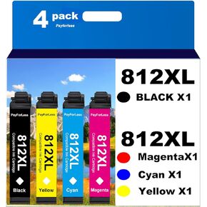 812XL Remanufactured for 812XL Ink cartridges Combo Pack for 812 T812 XL for Workforce Pro WF-7840 WF-7820 WF-7310 EC-C7000 Printer 4 Pack 1 Black 1 Cyan 1 Magenta 1 Yellow