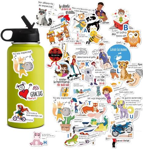 الملصقات الإنجليزية ثنائية اللغة الإسبانية للطفل الابتدائي قبل K | تعلم الملصقات للصف ، والمعلم ، والأطفال ، والطلاب | حيوانات الأبجدية والألوان والتأكيد والعبارة اليومية (102pc) in Kuwait