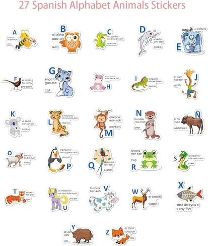 الملصقات الإنجليزية ثنائية اللغة الإسبانية للطفل الابتدائي قبل K | تعلم الملصقات للصف ، والمعلم ، والأطفال ، والطلاب | حيوانات الأبجدية والألوان والتأكيد والعبارة اليومية (102pc) in Kuwait