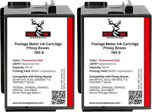 Buck PB 765-9 Replacement Fluorescent Red Ink Cartridge (50ml) for SendPro C, SendPro+ Compatible with DM300C, DM400C, DM450C, DM475C, & G900 Series Postage Meters in Saudi Arabia