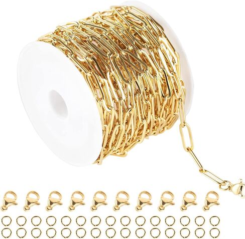 Jabogrii 32.8 Feet Gold Plated Chain Link Thin Stainless Steel Chain Spool Bulk Necklace with Lobster Clasp and Jump Rings for Jewelry Making DIY Bracelet Anklet in Saudi Arabia