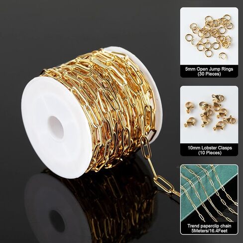 Jabogrii 32.8 Feet Gold Plated Chain Link Thin Stainless Steel Chain Spool Bulk Necklace with Lobster Clasp and Jump Rings for Jewelry Making DIY Bracelet Anklet in Saudi Arabia
